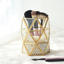  Retro copper frame glass brush tube Beauty brush tube Makeup brush barrel Brush storage box Three-dimensional geometry storage tube