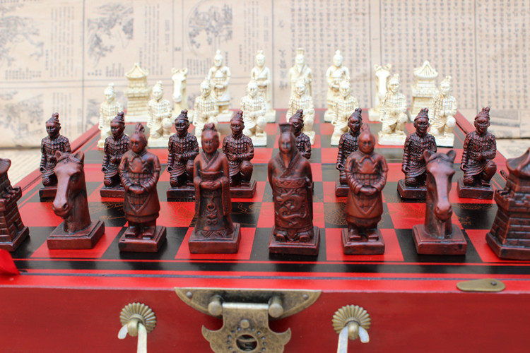 Creative Chess in Terracotta Warriors Imitation Ancient Wooden Folding Chessboard Three-dimensional Chess Katong People Chess