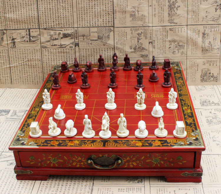 Antique three-dimensional Chinese chess Terracotta Chinese chess Nostalgic desktop wooden chessboard medium gift chess