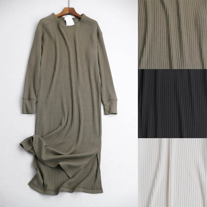016C 0917 generous ji Jane type round collar solid vertical stripe knit loose long version of the dress