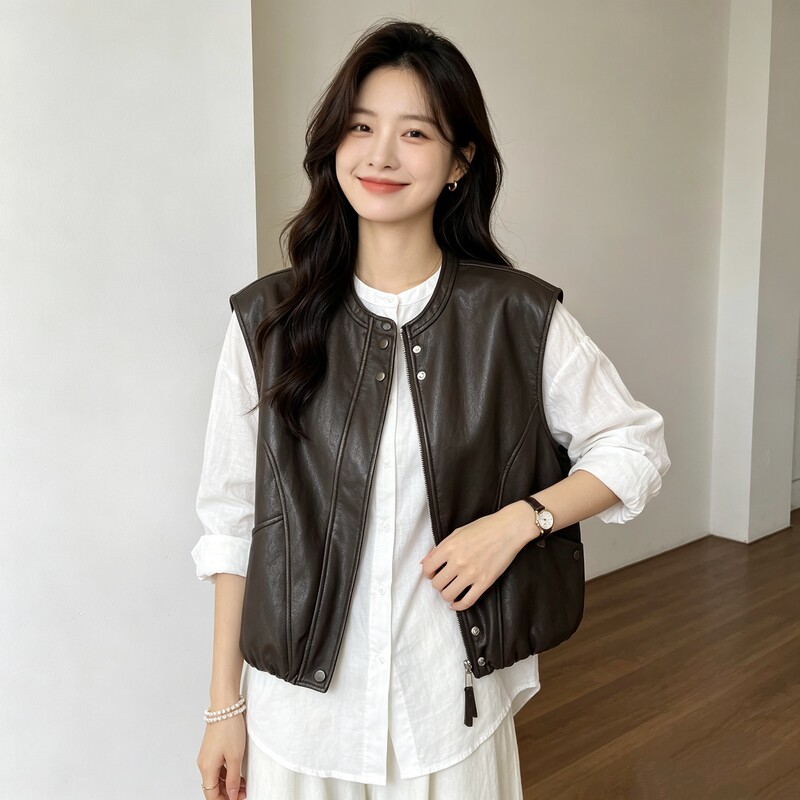 Retro Plant Protein Leather Jacket for Women, Black Sleeveless Vest, Short Versatile Autumn Leather Vest