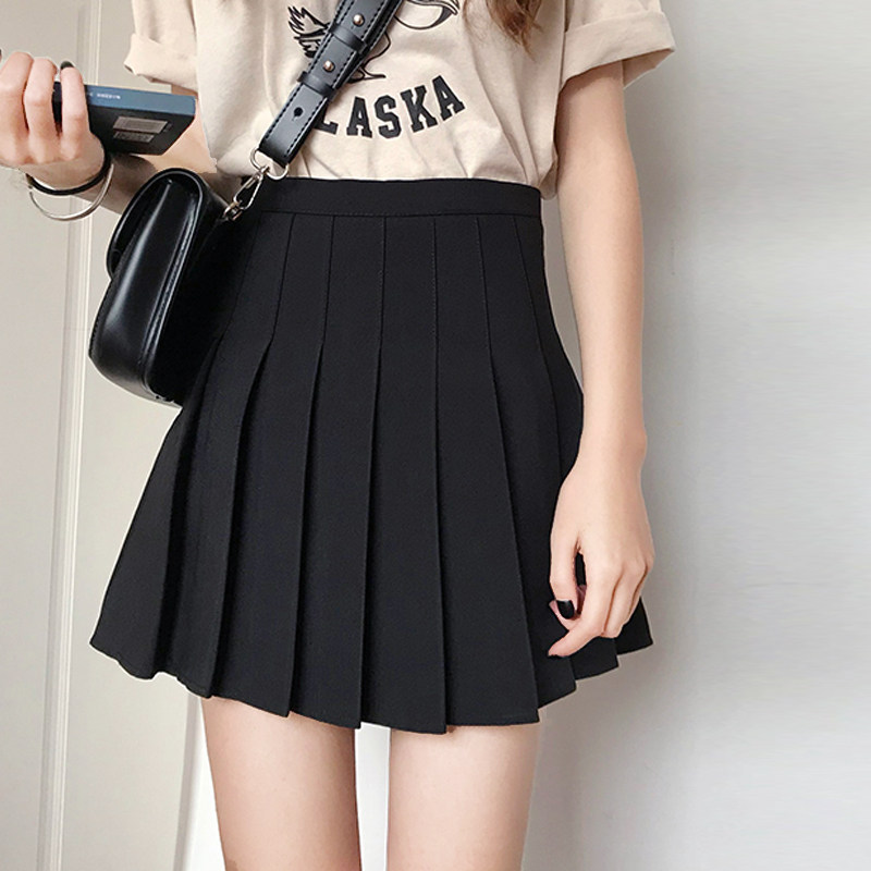 Black pleated skirt skirt skirt female summer high waist thin and versatile Japanese Hong Kong style a character skirt short skirt anti-light skirt