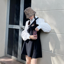 Flower field window dress short wooden ear long sleeve shirt camisole waist waist temperament dress two-piece dress