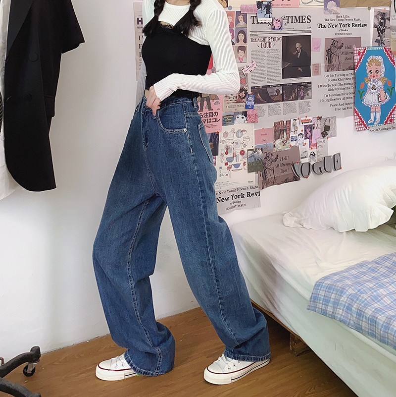 Flower field window wide leg jeans women's high waist straight tube loose retro Hong Kong style versatile thin high mopping pants