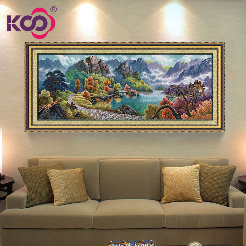 KS cross embroidered Chinese living room feng shui country painting full embroidered scenery polyppot poly Xiang fortune and fortune