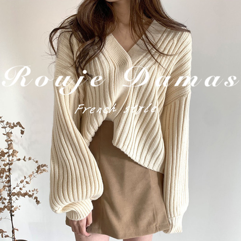 French Rouje Damas early autumn gentle pit strip design sense all-match loose lantern sleeve knitted sweater jacket women
