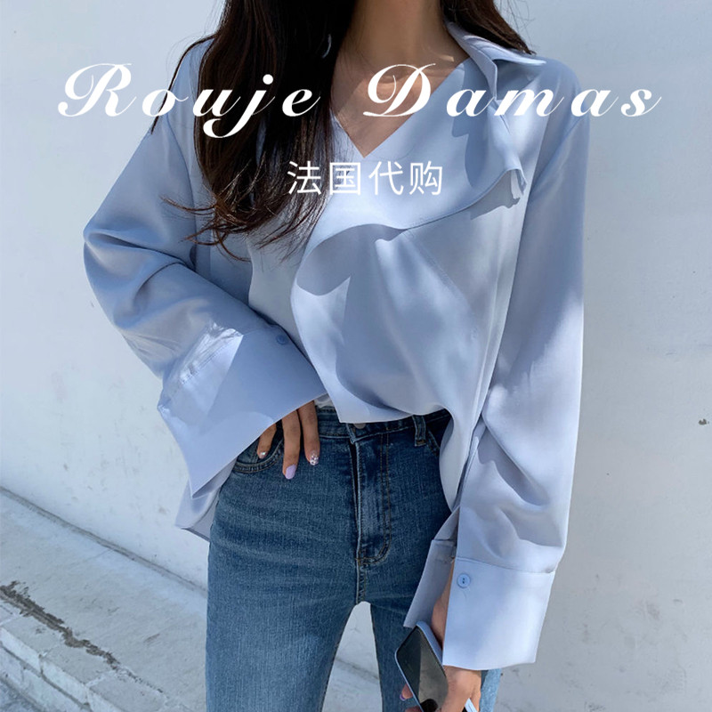 French rouje damas early autumn milk soft blue V collar cross design loose and long sleeve sun shirt