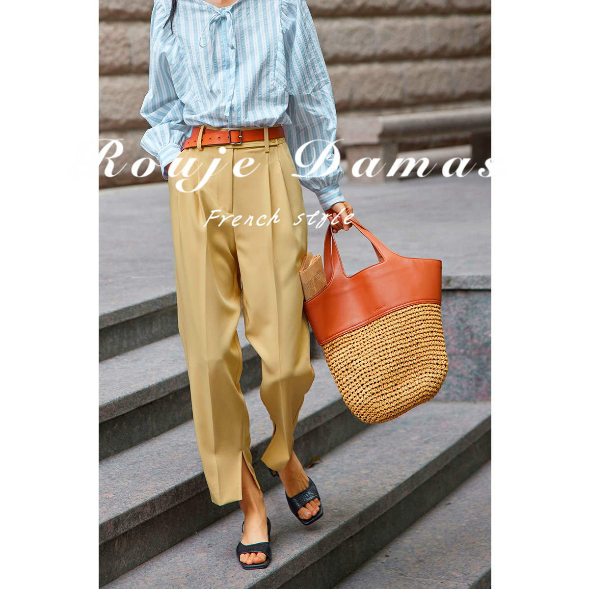 Rouje Damas 2022 Spring and Autumn Apricot Nine Pants in France are high and thin and loose leg casual pants