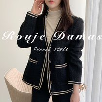 France Rouje Damas French style retro V collar Coloured trim with loose pockets Long sleeves Coarse Flowers Coats Blouses