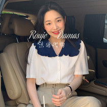 French rouje damas doll collar Agaric Side Crash Color Design Single Row Button Loose 100 Lap Short Sleeve Shirt Woman