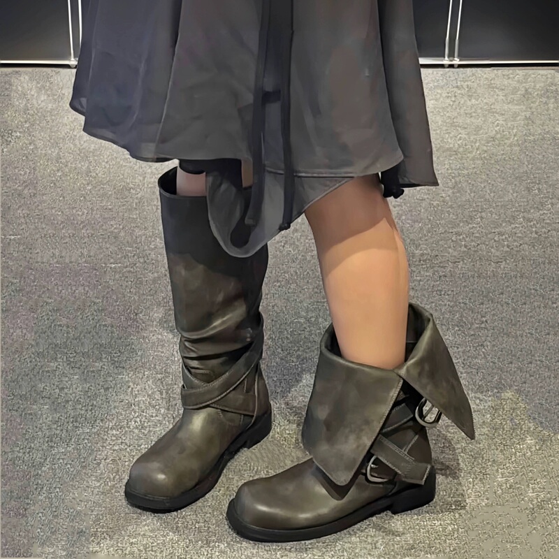 Korean Niche Belt Buckle Biker Boots for Women 2026 Spring/Summer New Vintage Versatile Foldable Pleated Long Motorcycle Boots Korean Niche Belt Buckle Biker Boots for Women 2026 Spring/Summer New Vintage Versatile Foldable Pleated Long Motorcycle Boots