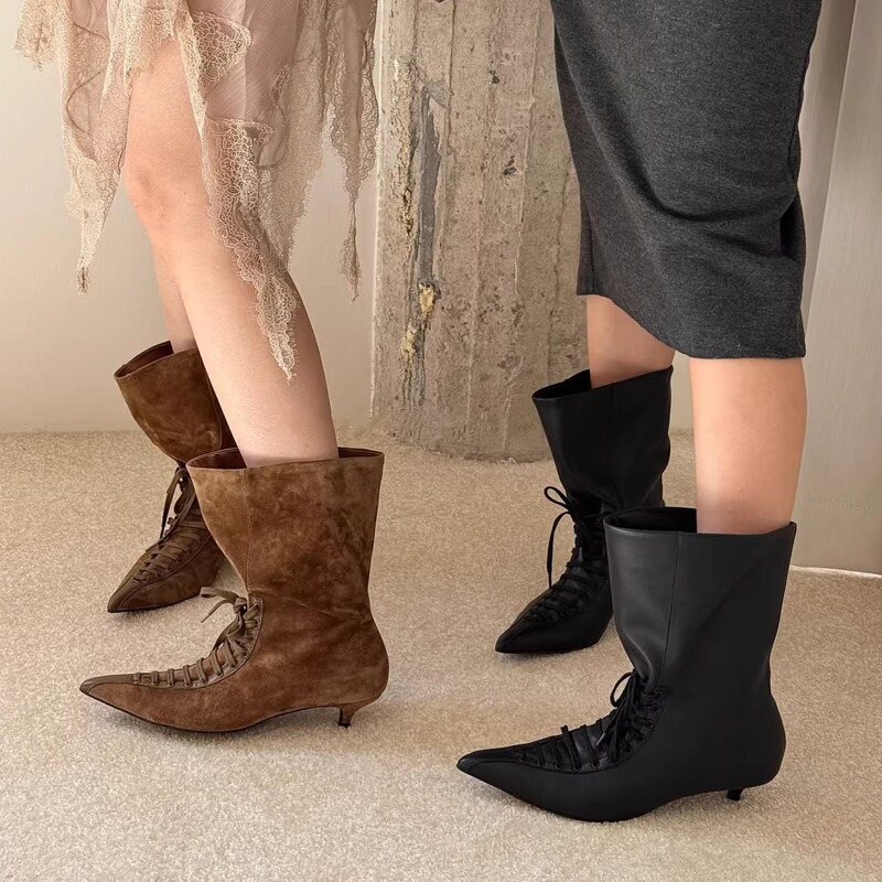 Unique Pointed-Toe Lace-Up Witch Boots 2026 Spring New Style Large Shaft Circumference Small High-Heeled Short Boots Designer Women's Boots Unique Pointed-Toe Lace-Up Witch Boots 2026 Spring New Style Large Shaft Circumference Small High-Heeled Short Boots Designer Women's Boots