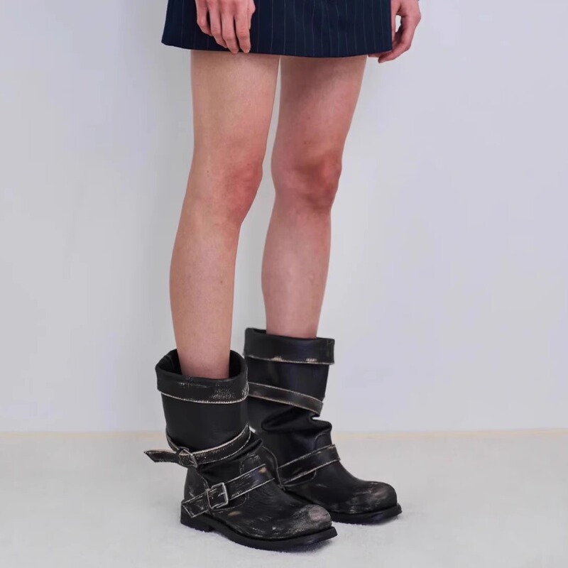 Zhang Yuanying Style Belt Buckle Stacked Boots Chunky Heel Retro Distressed Mid-Calf Boots Korean Style Boots Niche Work Boots for Women Zhang Yuanying Style Belt Buckle Stacked Boots Chunky Heel Retro Distressed Mid-Calf Boots Korean Style Boots Niche Work Boots for Women