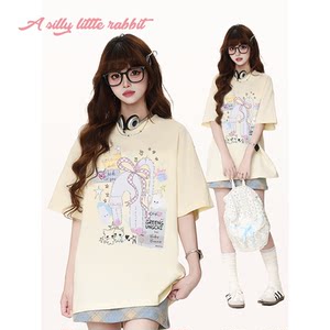 A Little Silly Rabbit Original Fantasy Cat Print Pure Cotton Short-Sleeved T-Shirt for Women, Summer Loose and Versatile Lazy Style Top