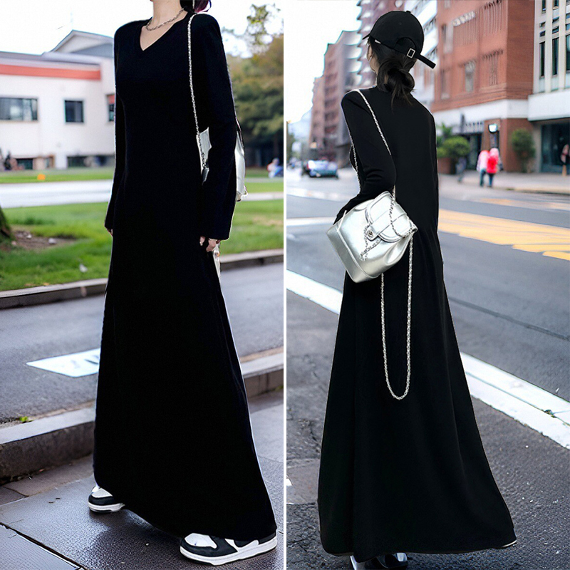 Extended Length Dress 2026 Spring New Casual Slimming Belly-Covering Long-Sleeve Floor-Length Dress Women's Elegant Little Black Dress Extended Length Dress 2026 Spring New Casual Slimming Belly-Covering Long-Sleeve Floor-Length Dress Women's Elegant Little Black Dress