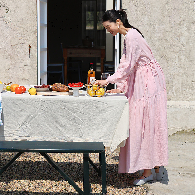 Blooming Travel Women's Clothing 264 Flowers/Sakura Pink Wrinkled Linen Cake Long Dress Sand Washed Handmade Round Neck Dress