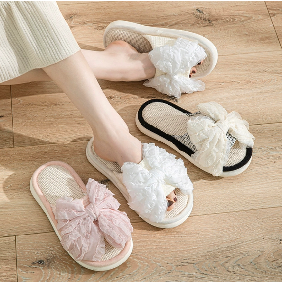 Cross-Border Amazon Bow-Knot Linen Slippers Indoor Slippers European and American Style Slippers Summer Home Girl Cotton and Linen Slippers Women