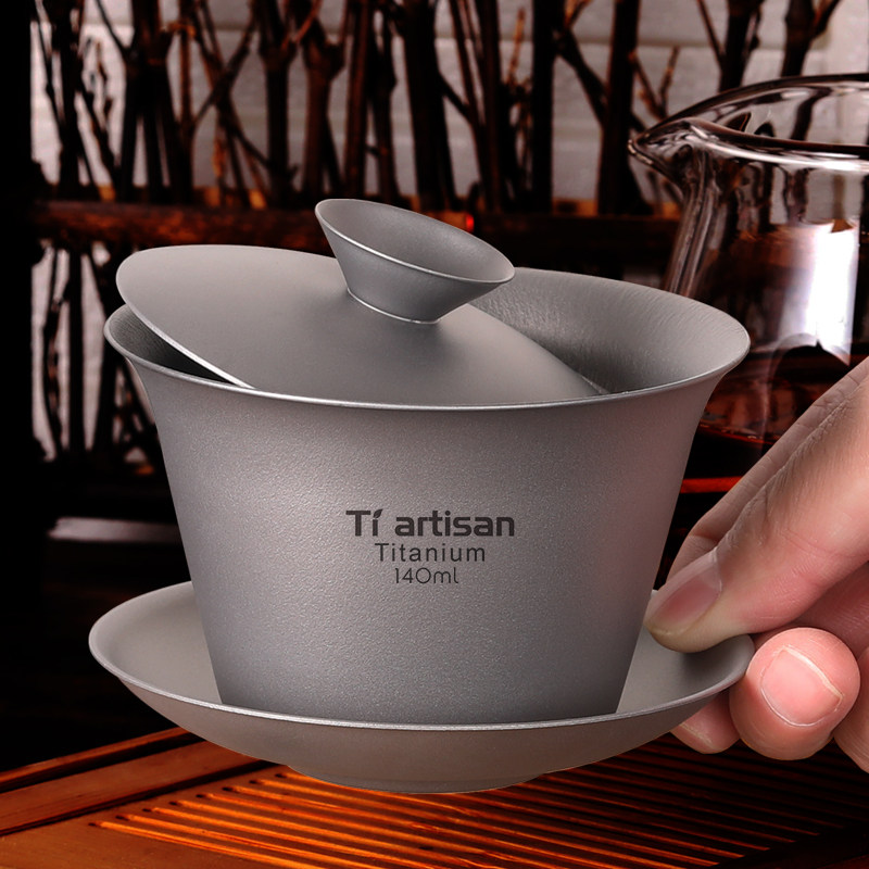 Titanium Craftsman Outdoor Pure Titanium Chinese Double Insulation Kung Fu Tea Cup Tea Cup Titanium Bowl Tray Cover Bowl Household with Cover