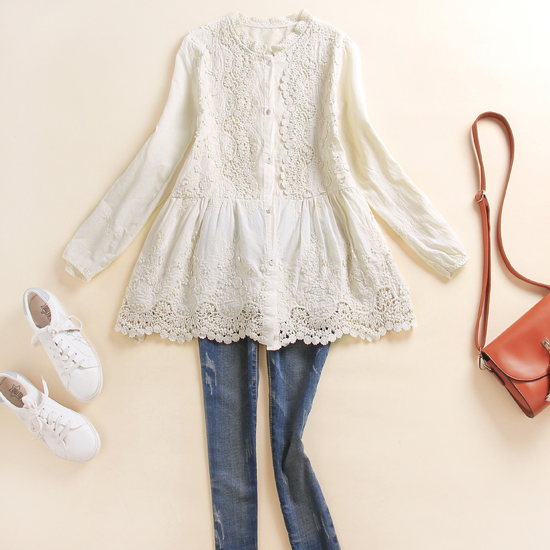 Stand Collar Shirt for Women, Pure Cotton Long-Sleeve Top with Unique Design, Mid-Length Lace Splicing, Tummy-Covering Shirt, Base Layer Shirt