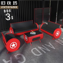Milk tea shop table and chair combination Net red casual Bar Cafe sweet shop industrial wind iron oil drum double card seat