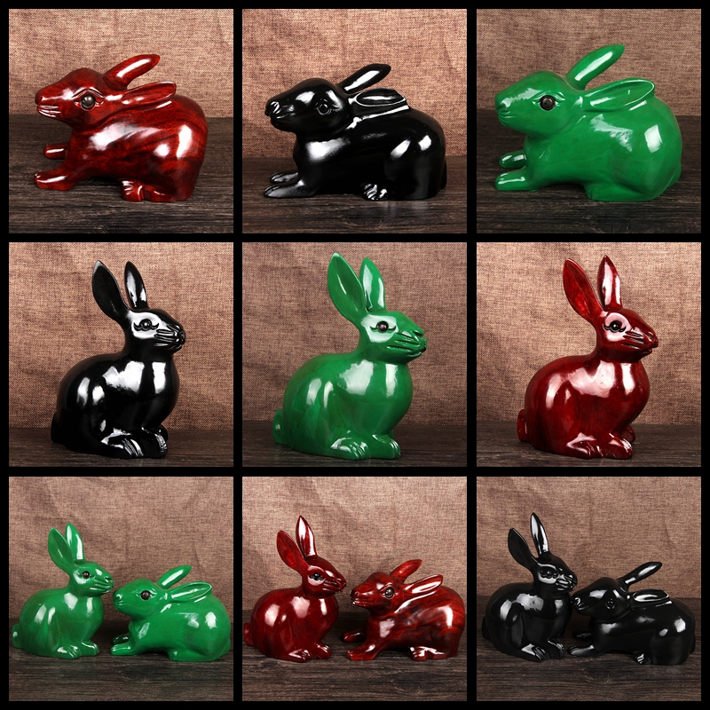 Dongyang wood carving solid wood mahogany rabbit green black red wood rabbit home crafts Cyan wood rabbit ornaments