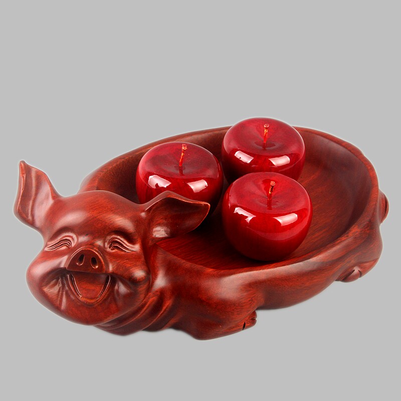 Dongyang wood carved solid wood mahogany home wood zodiac lucky pig wooden pig desktop wooden pig fruit plate decoration