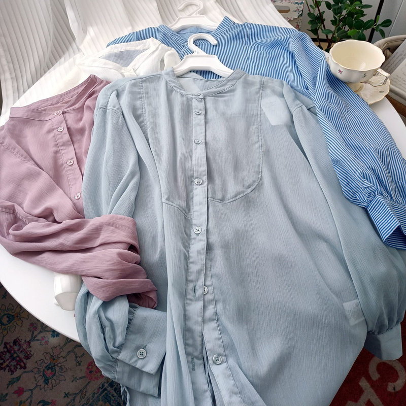 Foreign Trade Daily Single Women's Long-Sleeved Shirt Mid-Length Stand-Up Collar Thin Chiffon Top Physical Sun Protection Export Tail Goods Air-Conditioning Shirt Foreign Trade Daily Single Women's Long-Sleeved Shirt Mid-Length Stand-Up Collar Thin Chiffon Top Physical Sun Protection Export Tail Goods Air-Conditioning Shirt