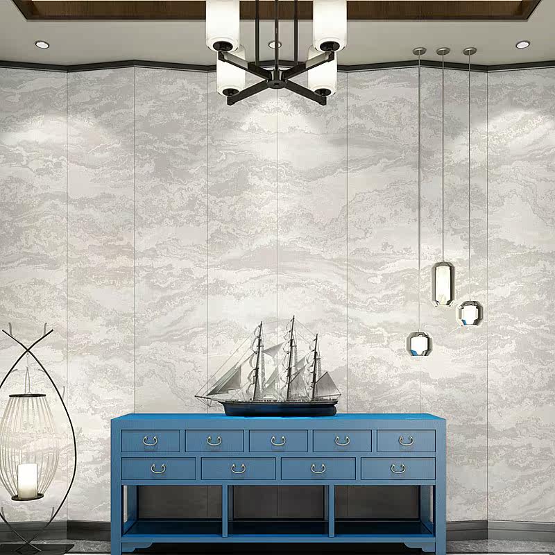 Home formaldehyde-free environmental protection wallpaper white gray blue porch marble texture geometric modern TV background wallpaper
