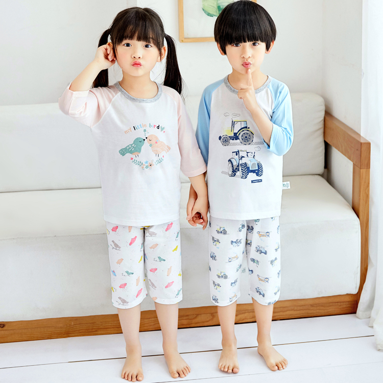 Childrens đồ ngủ chút xanh rồng mùa hè trẻ em mỏng cậu bé cô gái sợi bé tre tay áo điều hòa không khí phù hợp ở trẻ em lớn.