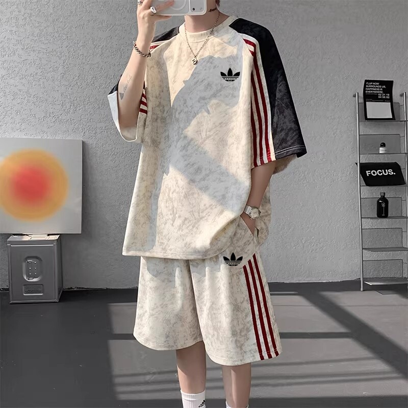 Outlet Tie-Dye Ice Silk Suit for Men, Summer Loose-Fitting Sports Quick-Drying Short-Sleeve Shorts Two-Piece Set with Woven Stripes