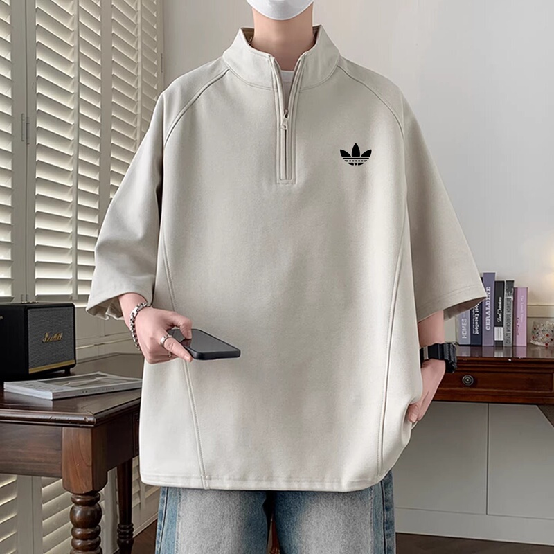 Outlet Store Stand Collar Short-Sleeve T-Shirt for Men, Summer Ice Silk Cool Sensation, Youth Half-Zip Three-Quarter Sleeve Tee Shirt