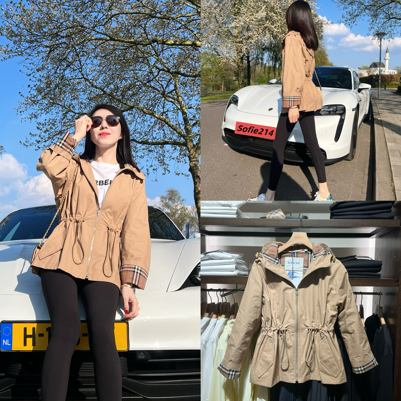 Authentic Discount Burberry Women's New Drawstring Hooded Short Trench Coat with Plaid Cuffs