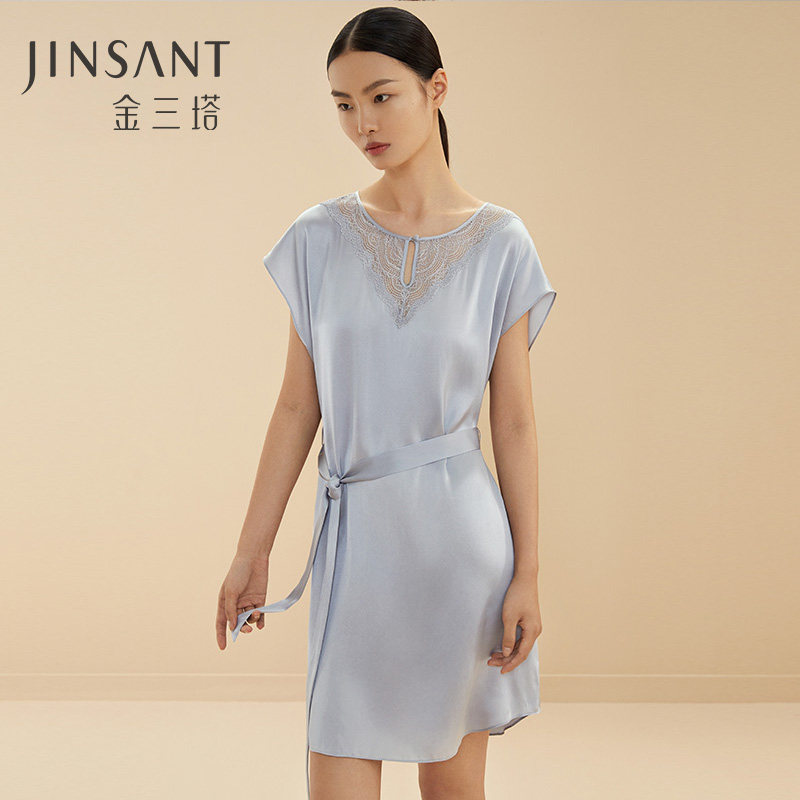 Gold Santa Serine Silk Round Neck Short Sleeve Nightdress Women 100% Mulberry Silk Pure Color Pajamas Women