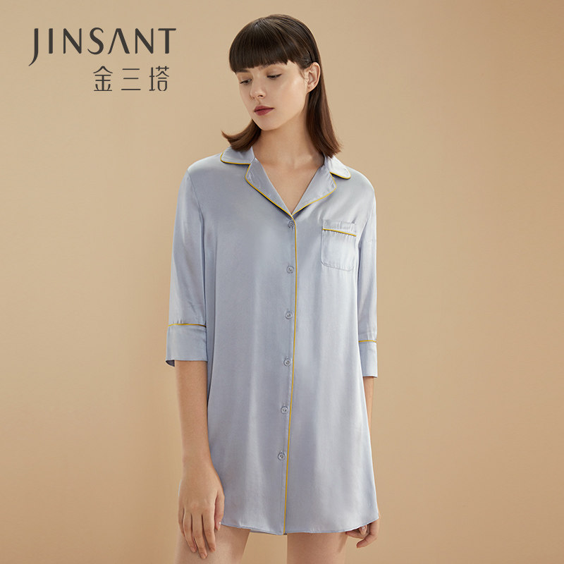 Golden Triple Tata New Genuine Silk Pyjamas Woman Slim Fit 70% Sleeve Shirt Style Sleeping Dress Female Boyfriend Wind