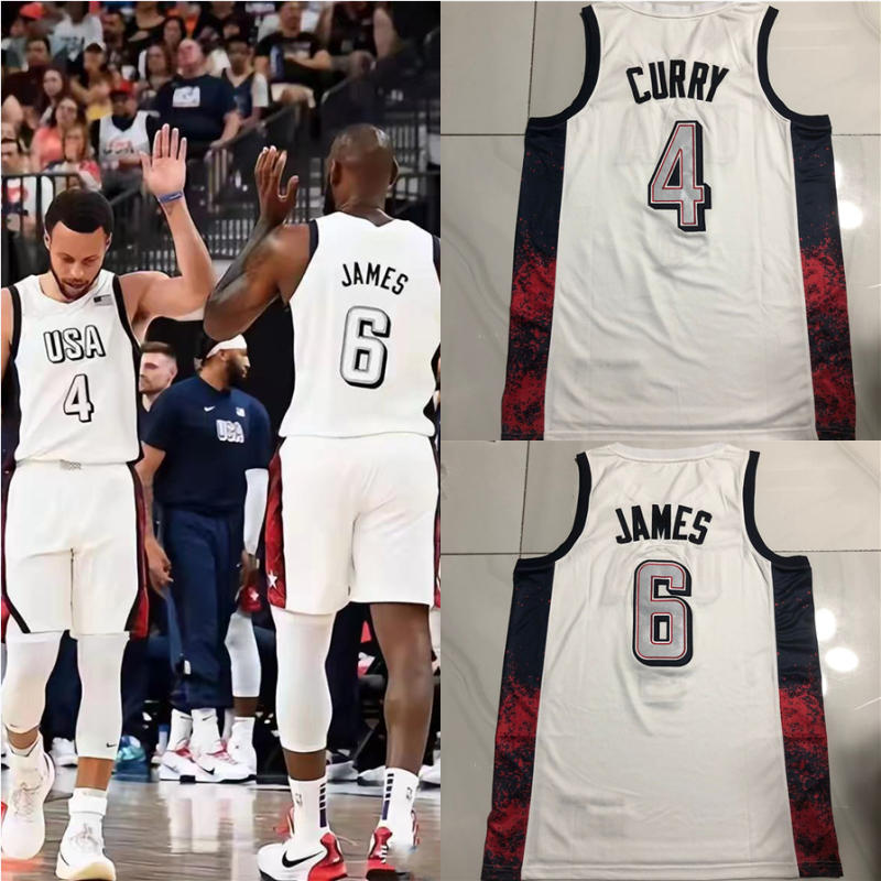 Fully Embroidered 2024 Usa Dream Team Men's Basketball Jersey from Paris, Featuring James and Curry