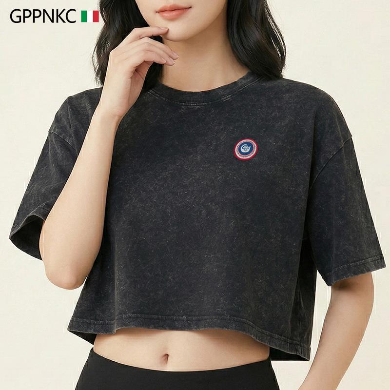 [Top Luxury] Italian Gppnkc Trendy Crop Top Hot Girl Outfit Short Round Neck Sports Short-Sleeved T-Shirt
