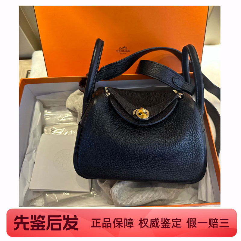 [98 New] Hermes Lindy Mini Lindy Black Gold Tc Leather Shoulder Handbag Women's Bag Genuine
