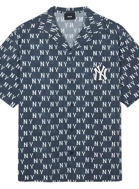 MLB 纽约洋基队 SS24 休闲户外多口袋复古满印老花翻领短袖衬衫