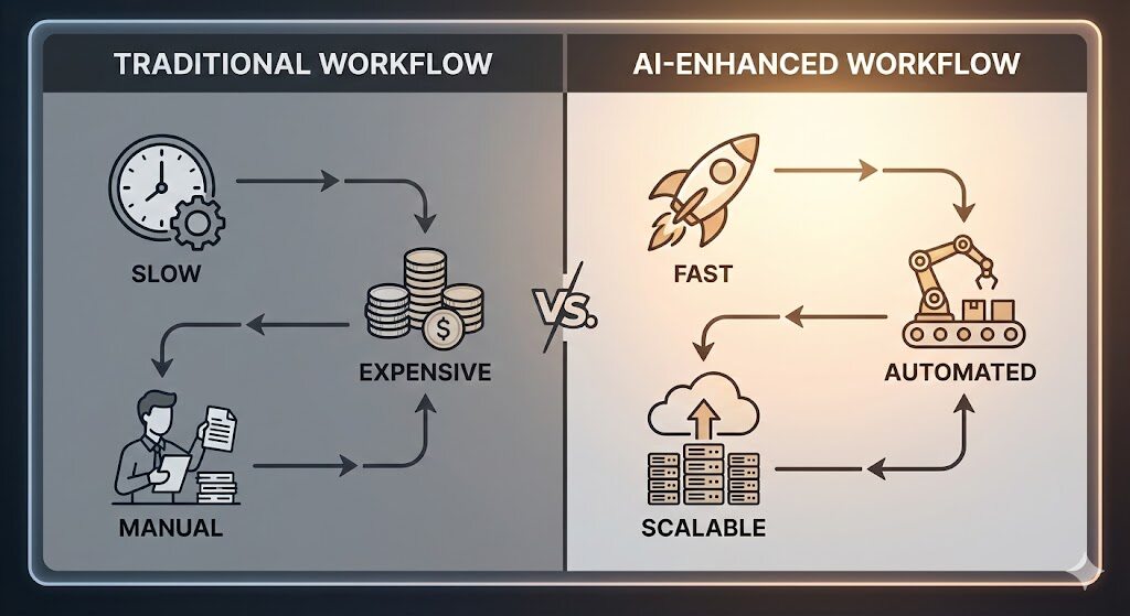 Traditional workfolw when designing e-commerce materials vs AI design agent