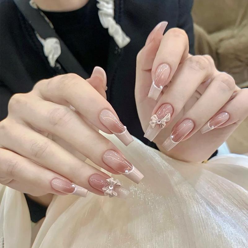 Wearable Nails with a High-End Feel, French-Style Handmade Nail Pieces, Removable Bowknot Gradient Nail Stickers