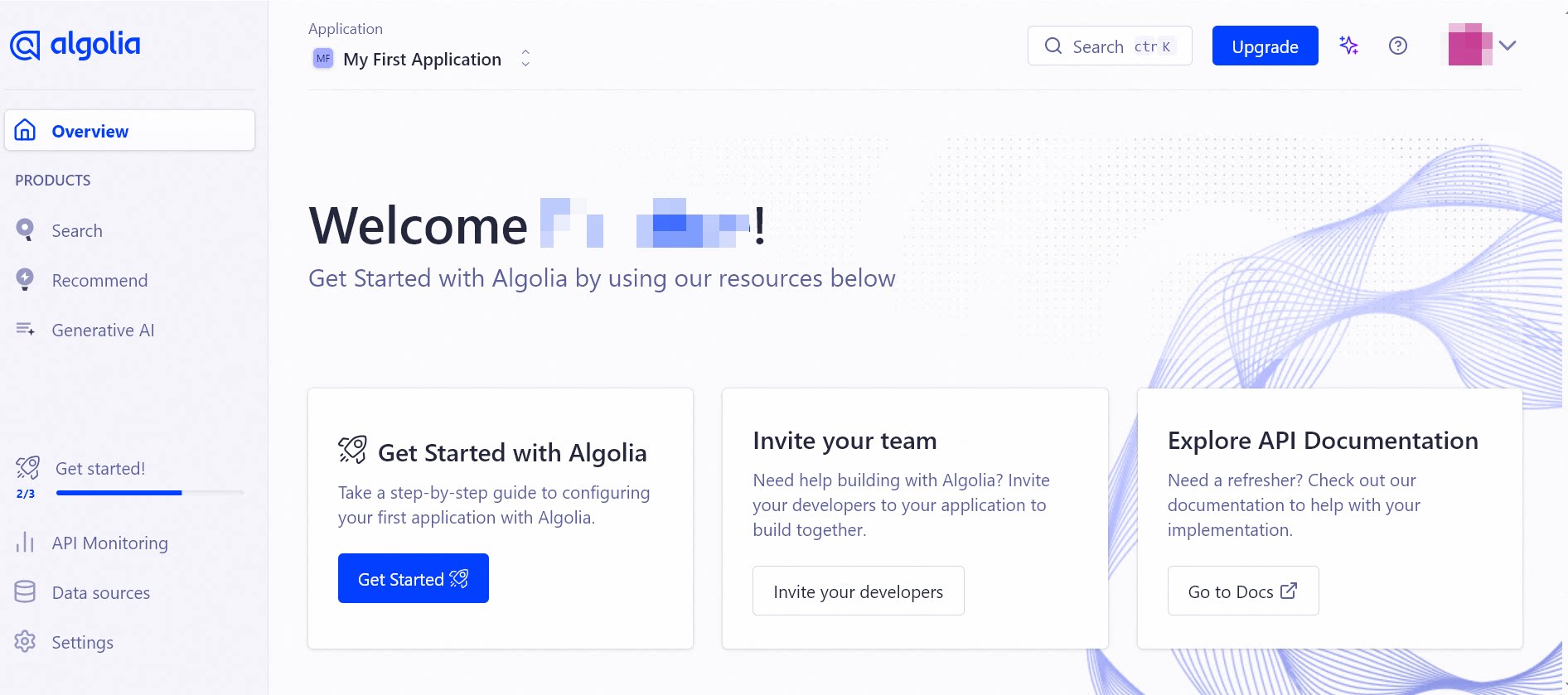 Algolia's dashboard overview page, featuring onboarding resources and access to Search, Recommend, and Generative AI modules.