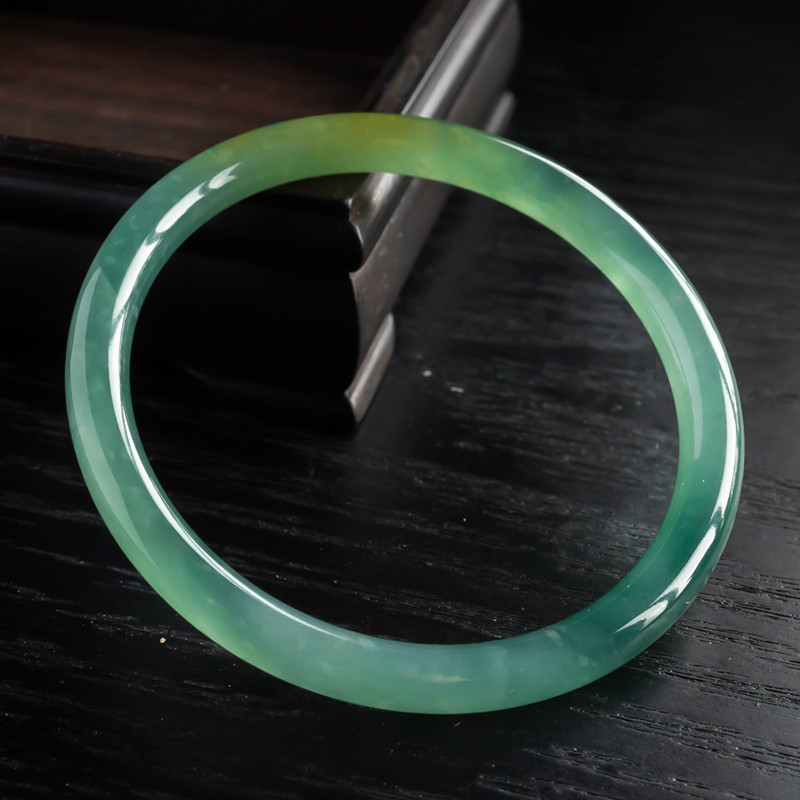 Natural Jadeite, Fine Strip, Good Quality Sky Blue Double Color Round Bar Bracelet, Girl's Style, Ring Size 54, 16.48g