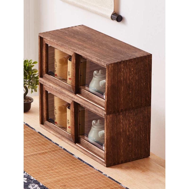 A947 solid wood tea set storage box desktop storage rack storage cabinet sliding door tea cabinet dustproof sliding door tea cup storage cup storage
