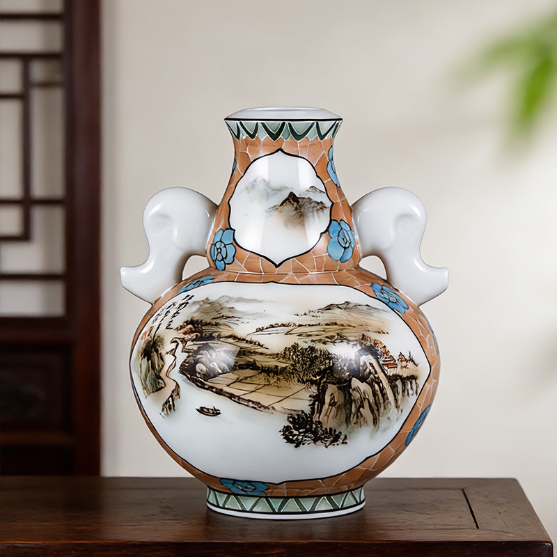 Old Imperial Kiln Porcelain Double-Eared Vase, 1970S Display Porcelain, Hongjiang Big Ball Clay Hand-Painted Antique Collectible Ceramic Ornament