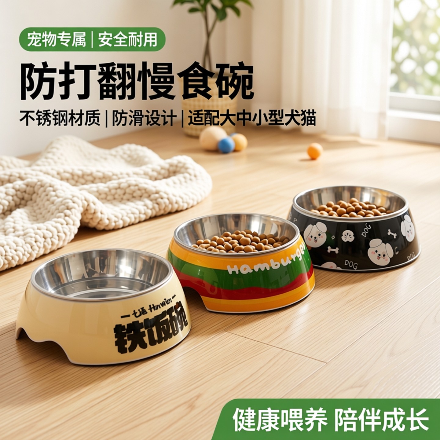 狗碗宠物食盆猫咪狗盆饭盆不锈钢小狗防打翻大型犬防滑慢食碗水碗