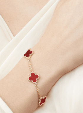 9.9/9.8新梵克雅宝四叶幸运系列五枚坠红玉髓四叶草18k金手链女款