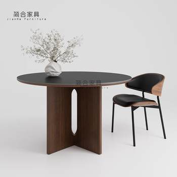 法式复古黑色岩板圆形餐桌家用小户型中古风圆桌实木圆餐桌椅组合