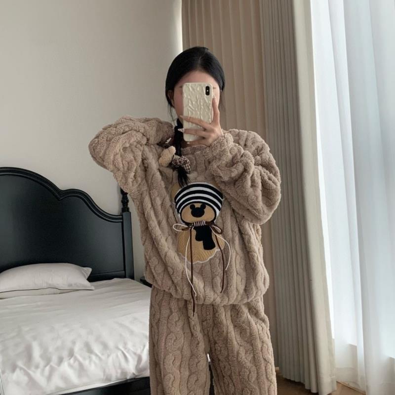 Furry Pajamas for Women, Autumn and Winter, Cute Coral Fleece Warm Winter Plush Loungewear, Thickened and Fleece-Lined