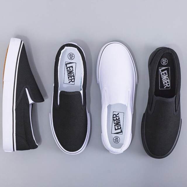 Slip-On White Canvas Shoes, Hand-Painted Black and White Canvas Shoes, Lazy Couple Shoes, Hospital Nurse Shoes, Rainier 227