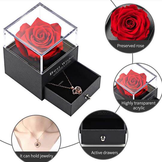 Birthday gift for women Red Rose Necklace Drawer Gift Box Practical Romantic Preserved Flowers for Wife and Friends